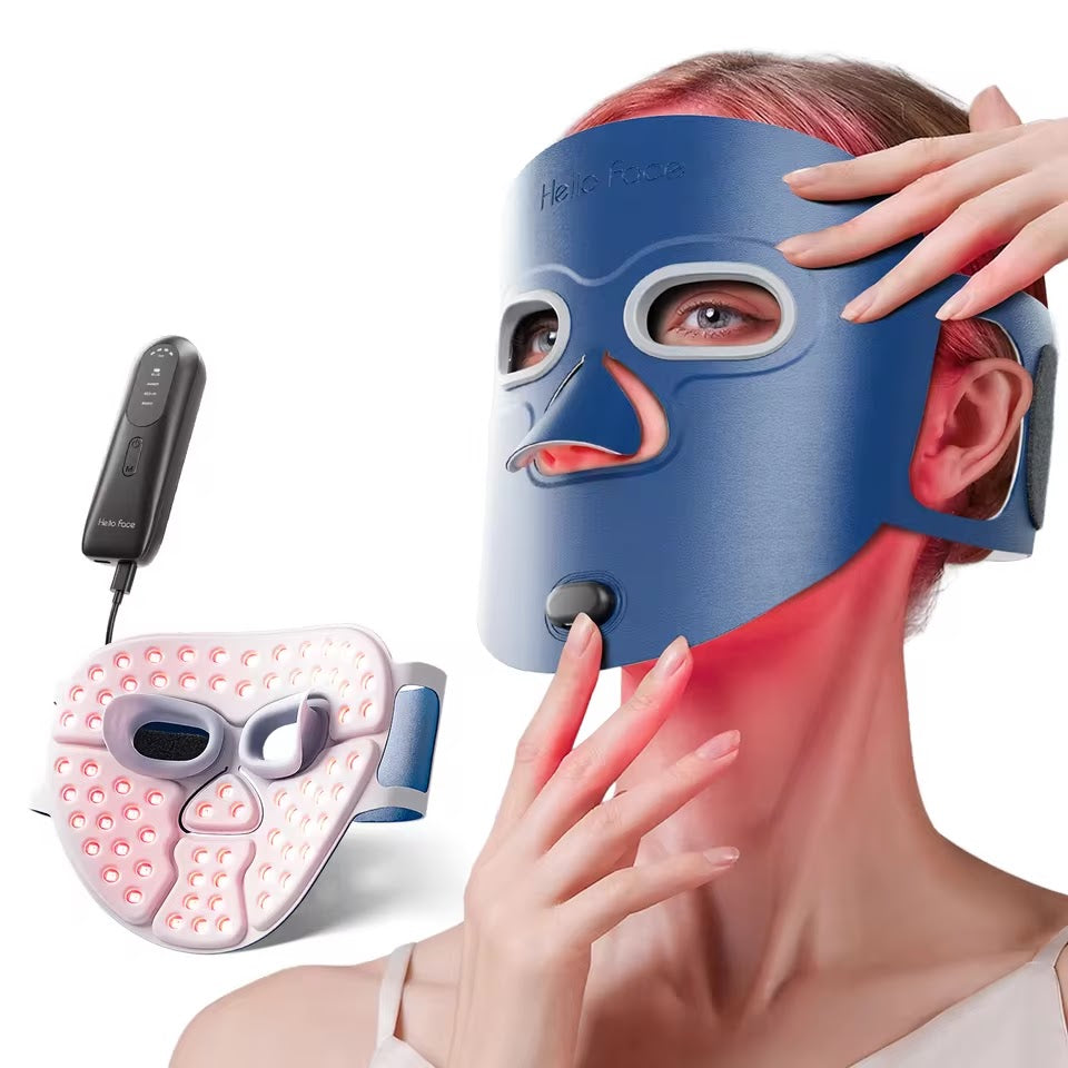 Hello Face red light therapy mask worn, blue
