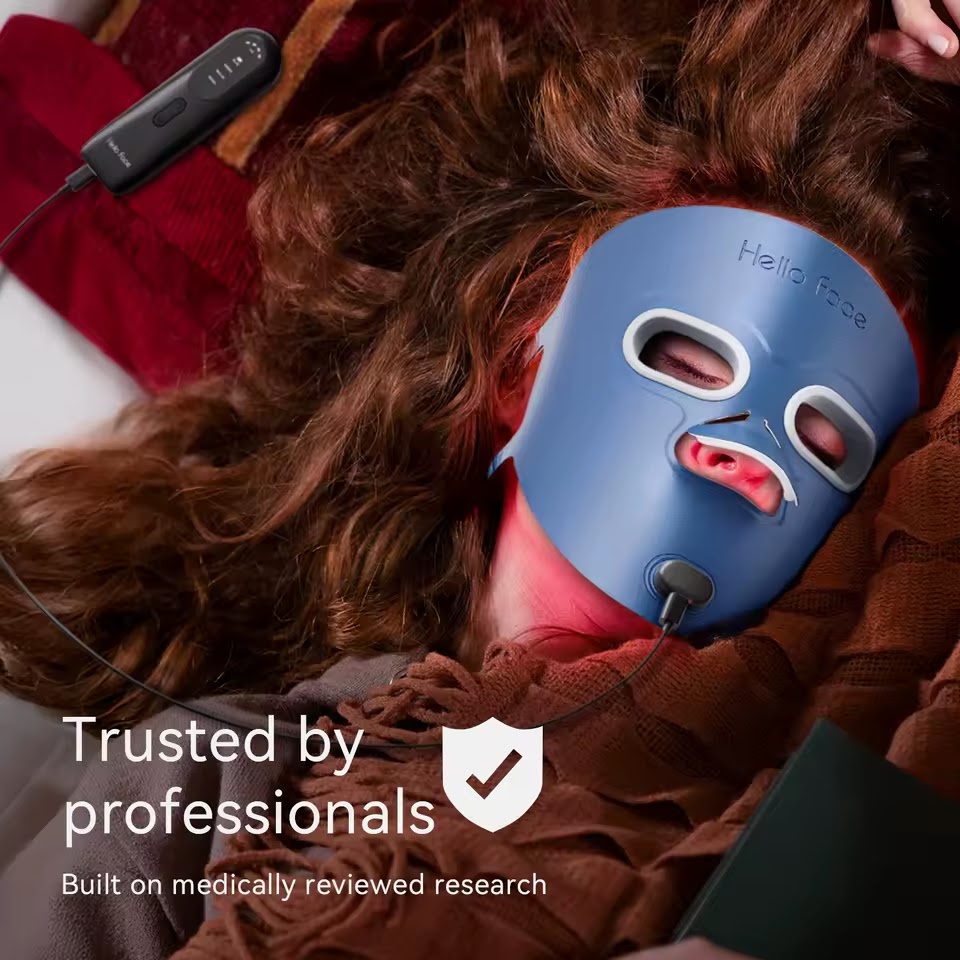 Red light therapy face mask in use