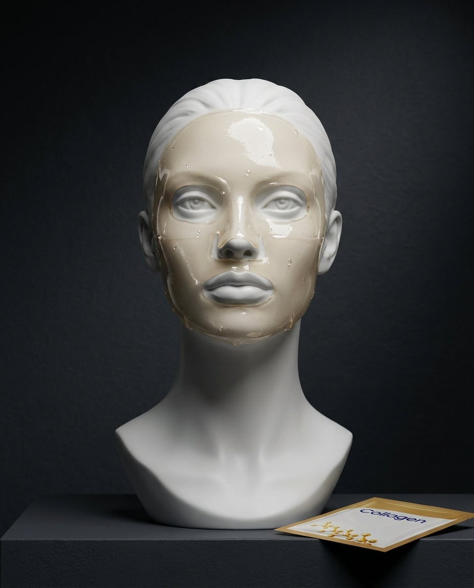 White Jade collagen face mask on porcelain goddess bust