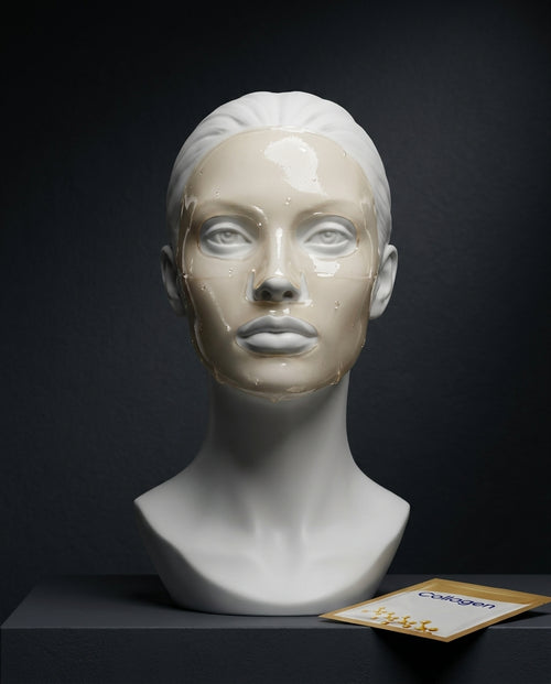 White Jade collagen face mask on porcelain goddess bust