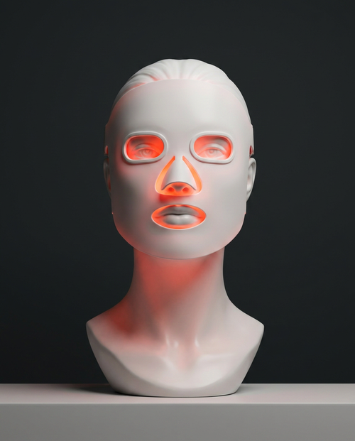 White Jade red light mask on porcelain goddess bust